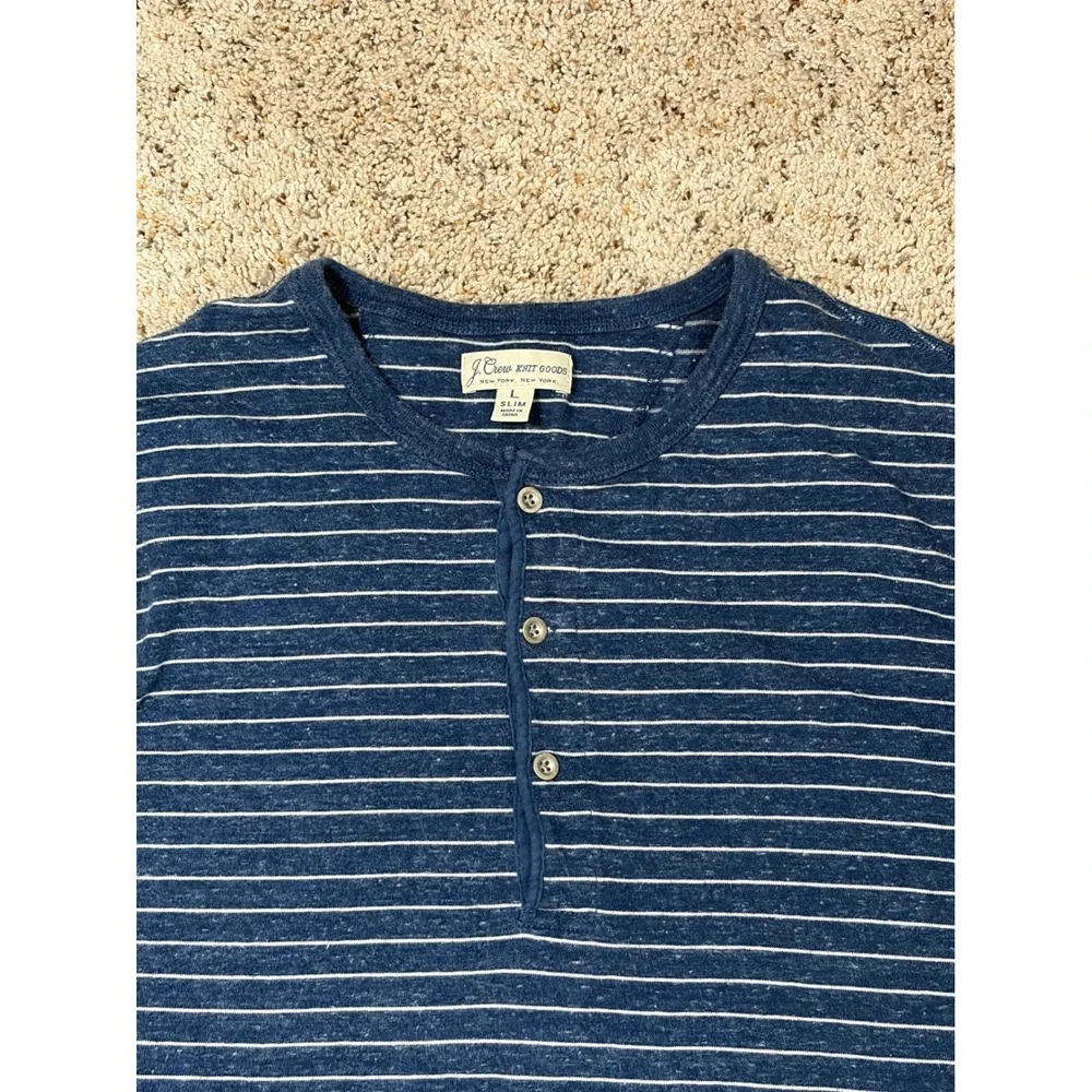 J.Crew Knit Goods Blue White Stripe Henley Long Sleeve‎ Shirt Slim Fit Large